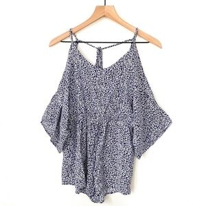 Cinnamon Boho Cold Shoulder Romper Blue White Flowy Large Sleeves